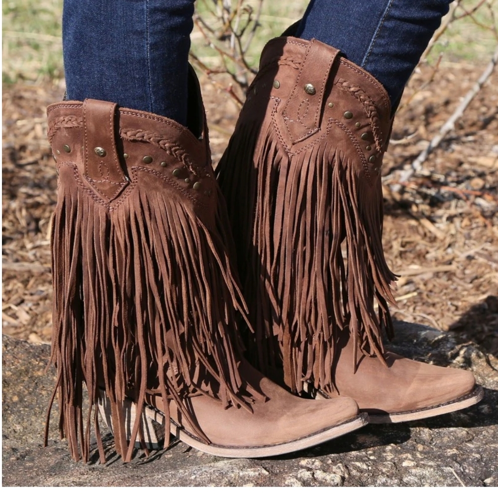 LIBERTY BLACK Vegas T-Moro chocolate brown tiered fringed cowgirl boots sz 9 euc